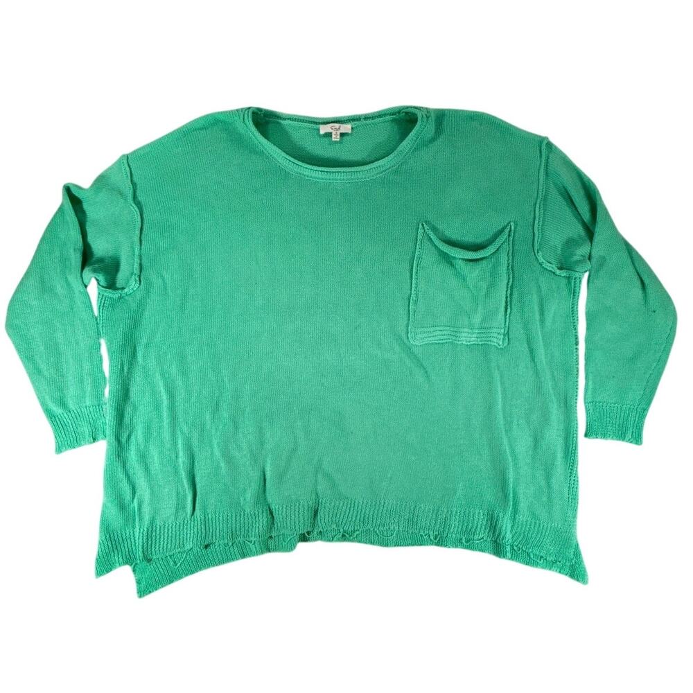 Easel LA Sweater S Green Oversized Knit Long Sleeve Pocket Side Slit Raw Hem Top